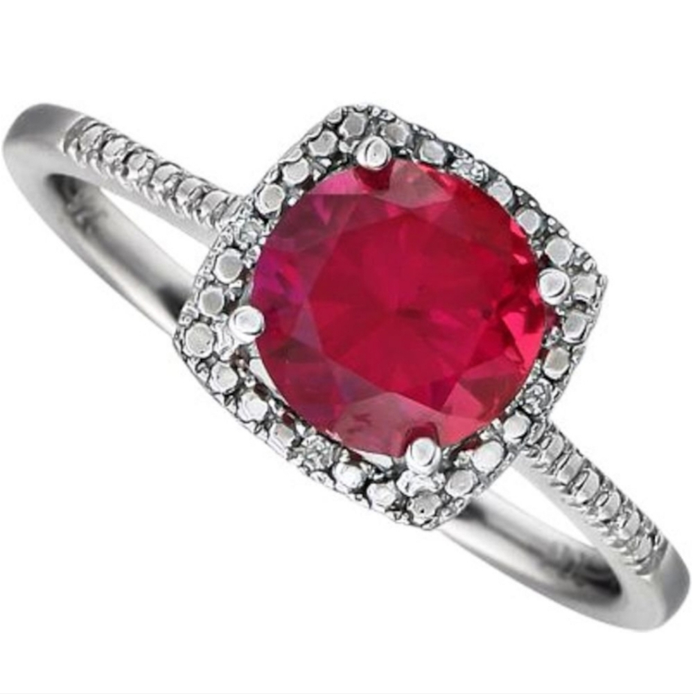 Sterling Silver Halo Style Ruby Red July Birthstone Diamond Lab Ring Size 8